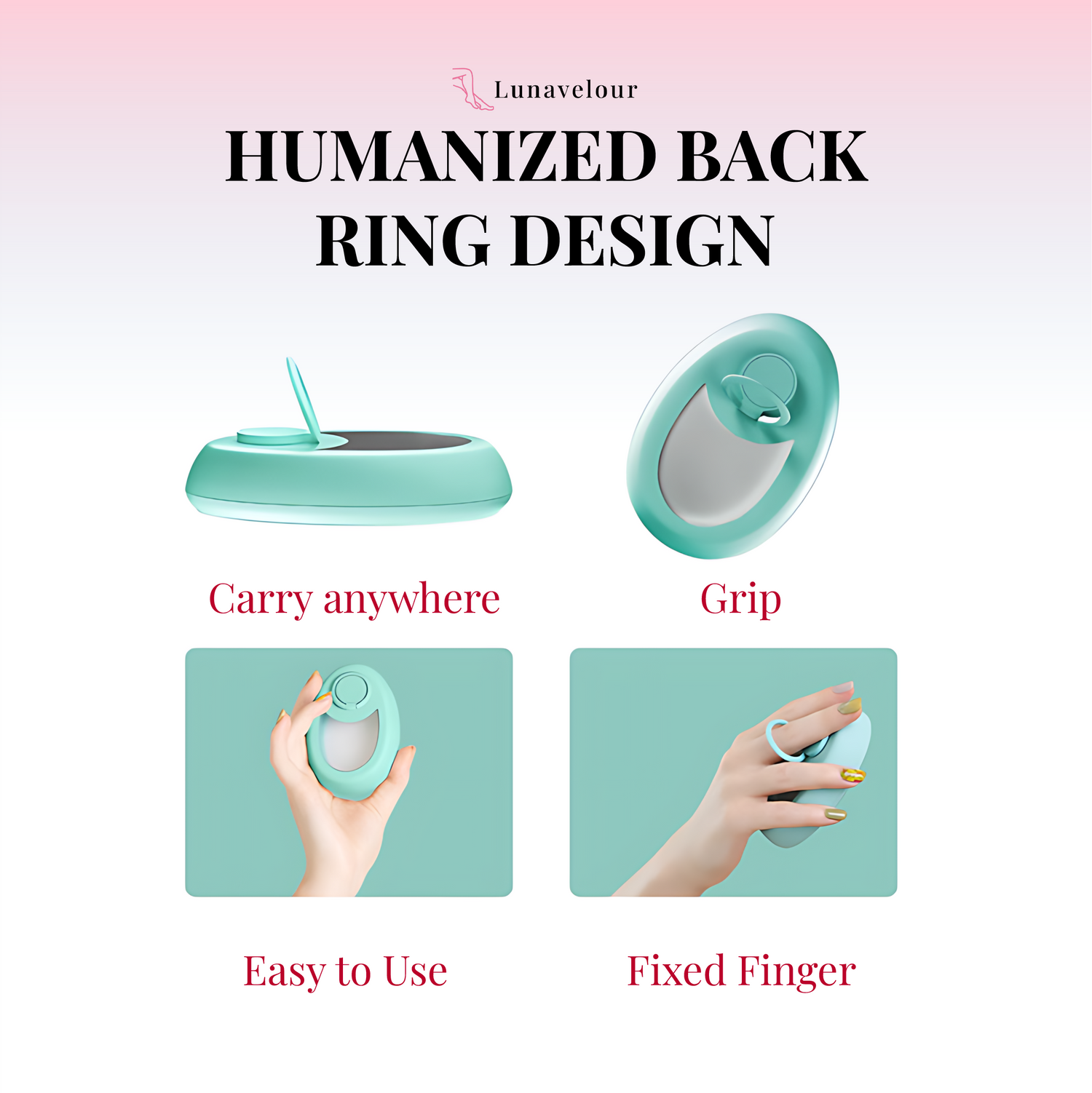 Teal product with features highlighted on a pink and white background
