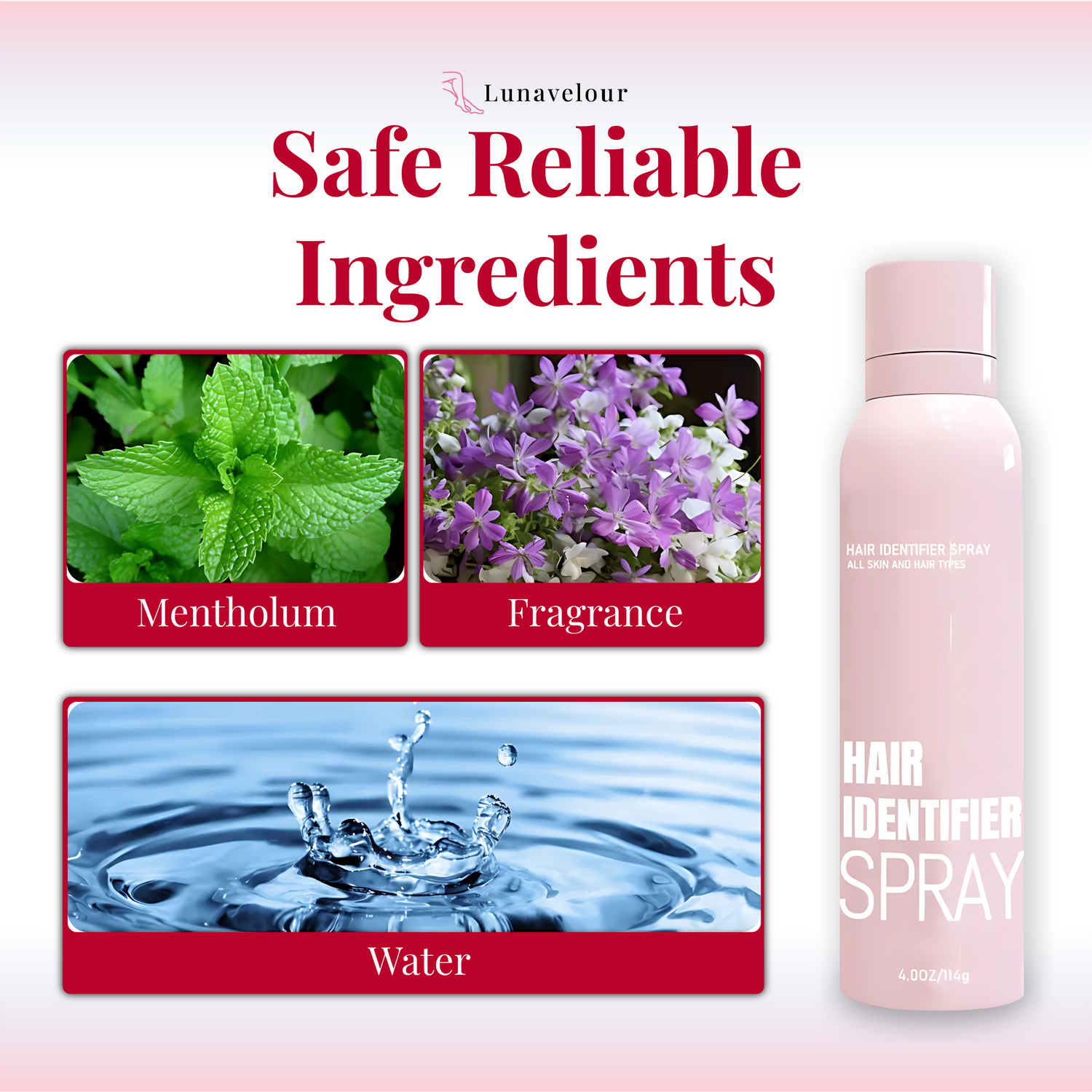 Pink hair identifier spray bottle with images of mentholum, fragrance, and water on a pink background.