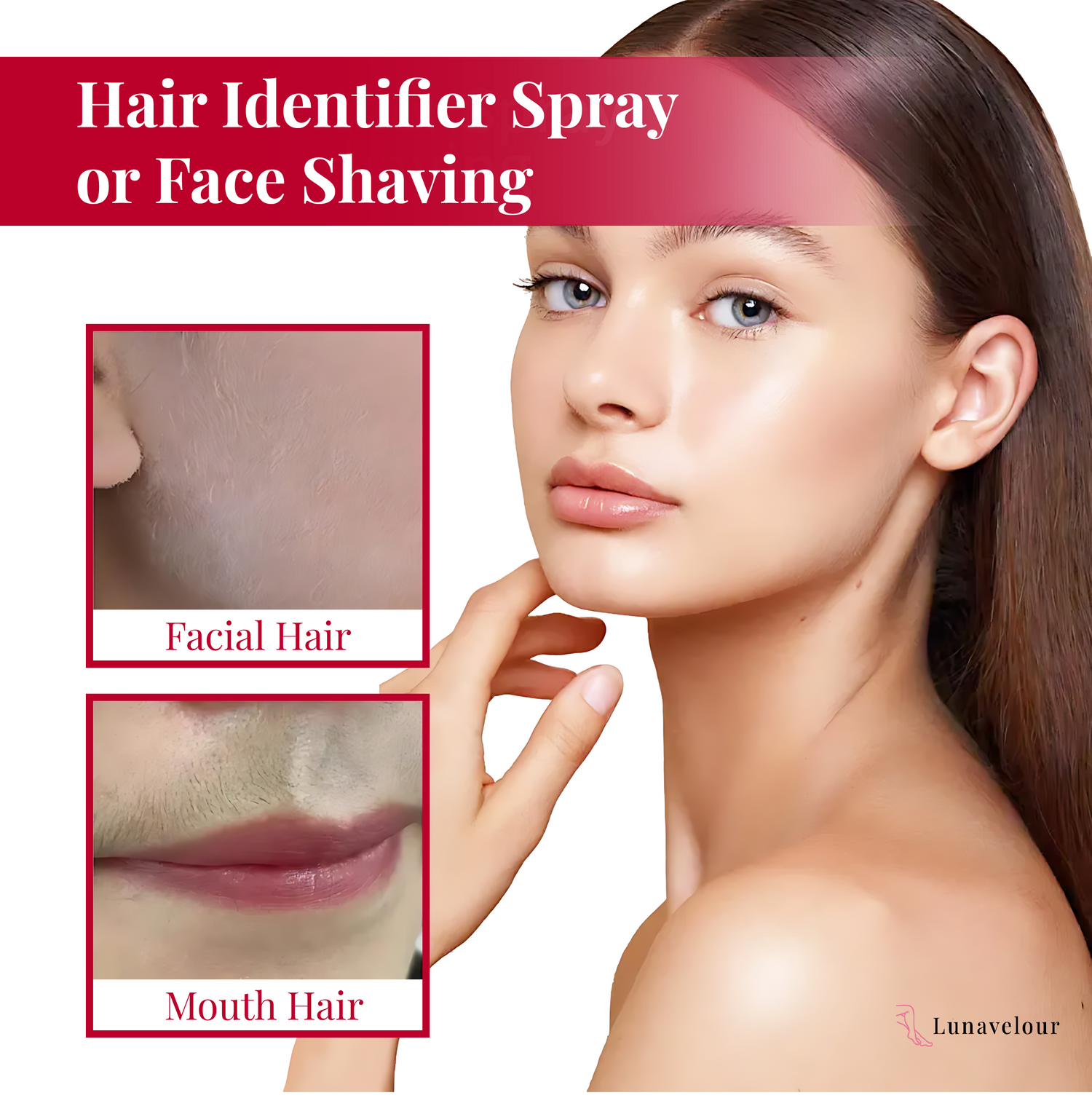 Advertisement for hair identifier spray or face shaving with a woman's face and close-ups of facial and mouth hair.