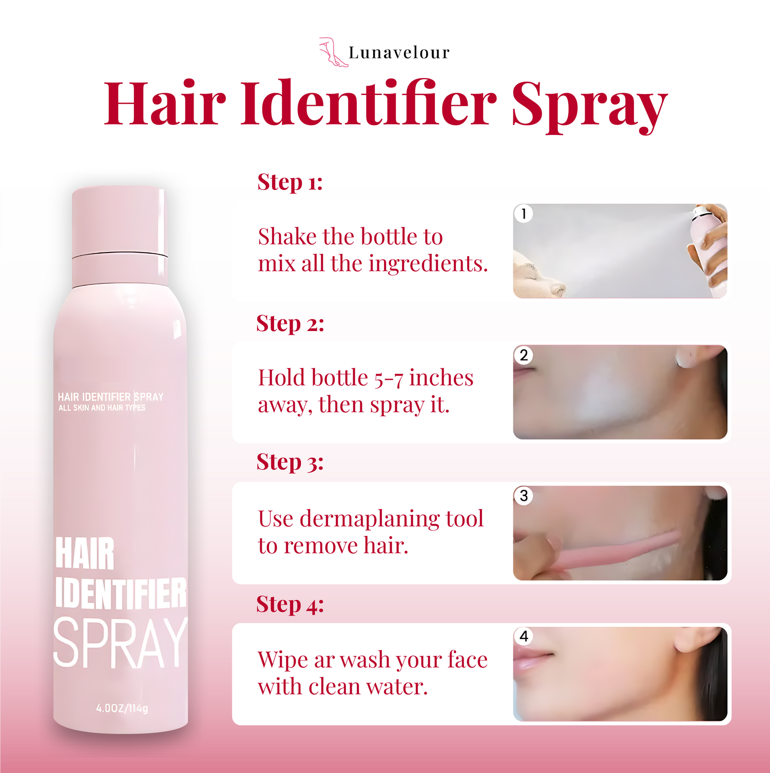 Lunavelour Hair Identifier Spray with usage instructions on a pink background