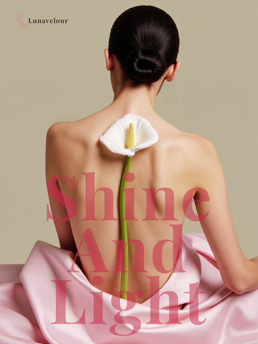 Woman with a white flower on her back against a beige background, featuring the brand 'Lunavelour'.