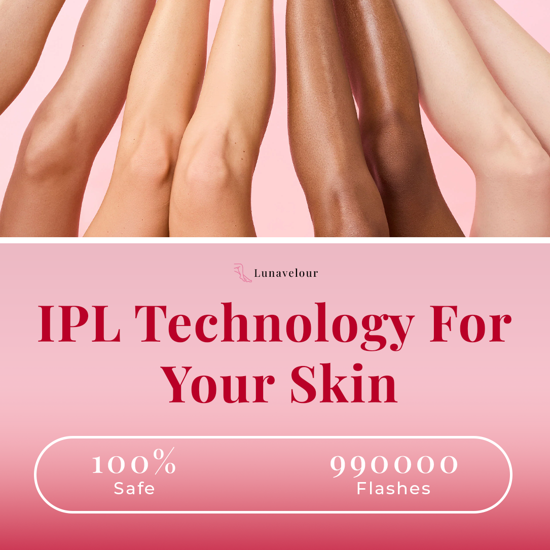 Advertisement for IPL technology with legs displayed against a pink background, featuring the brand 'Lunavelour'.