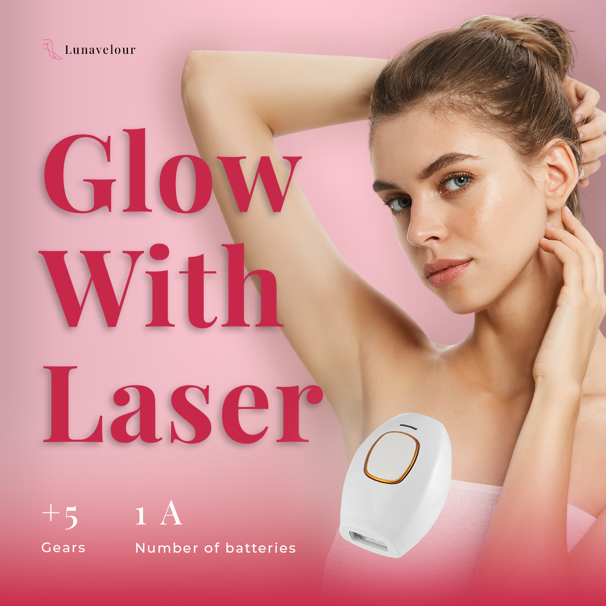 Woman holding a laser device with text 'Glow With Laser' on a pink background